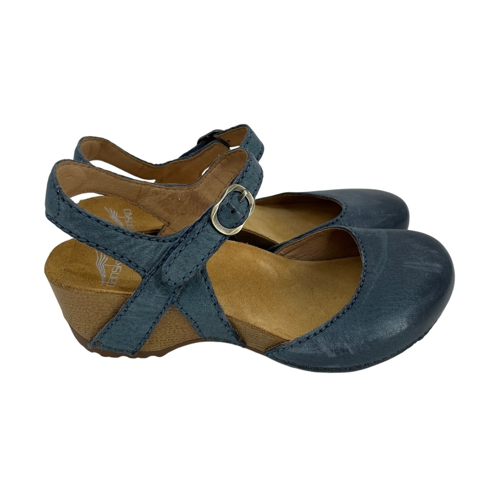 Dansko Tiffani Mary Jane Shoes Womens 38 Blue Leather Buckle Strap Comfort Wedge